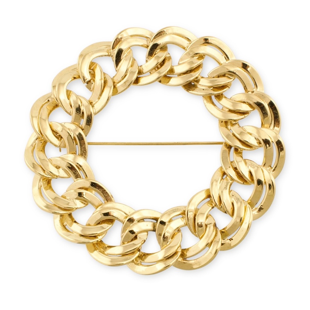Vintage Monet Gold Plated Circle Brooch Large Chunky Chain Link Wreath